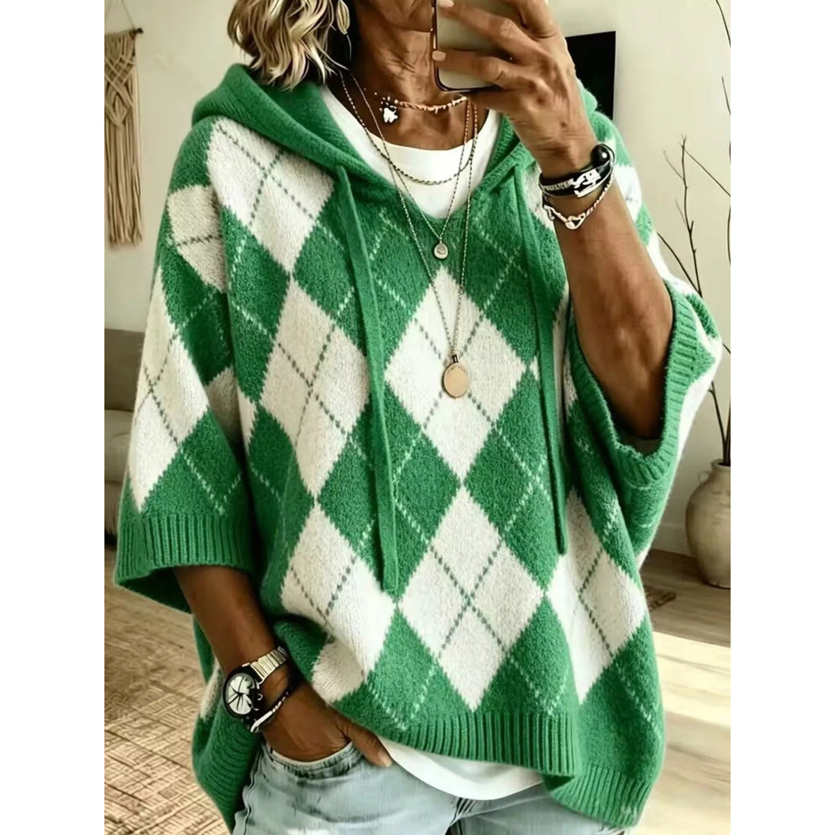 Full Size Argyle Pattern Hooded Sweater Plus Size