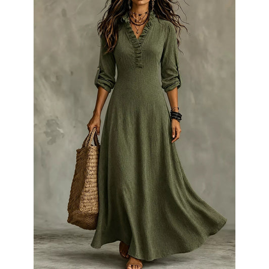 Full Size V-Neck Maxi Dress with Roll-Up Sleeves Plus Size