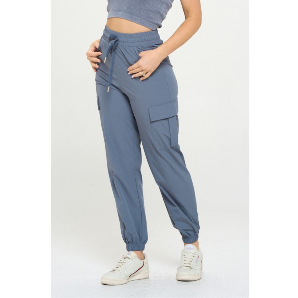 Grey Women's Cargo Joggers Lightweight Quick Dry Pants on model side view