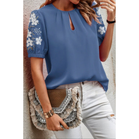 Floral Keyhole Neckline Loose Puff Sleeve Blouse