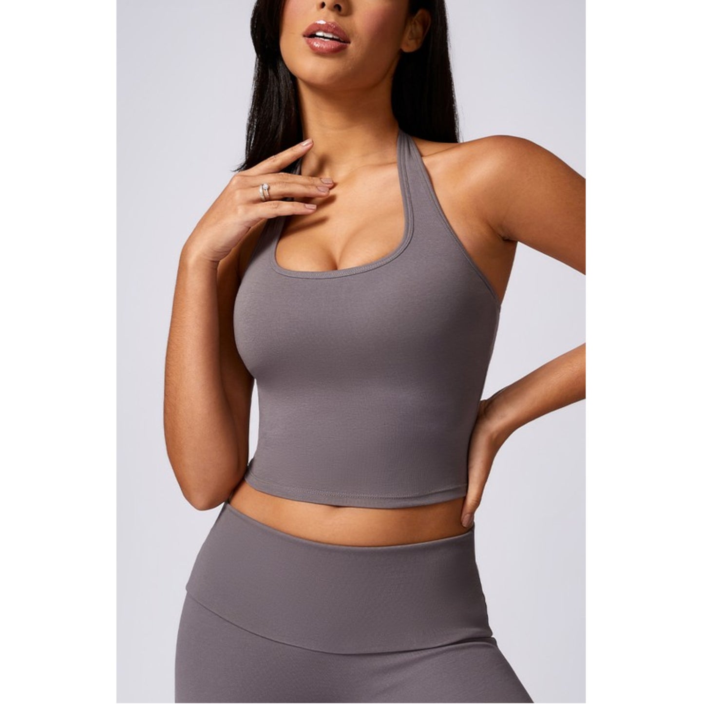 Grey Halterneck Sports Bra on Model Front view