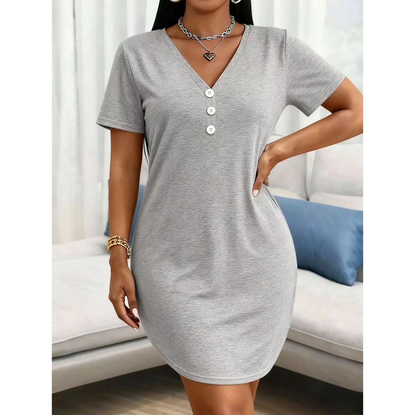 Plus Size V-Neck Button Detail Casual T-Shirt Dress