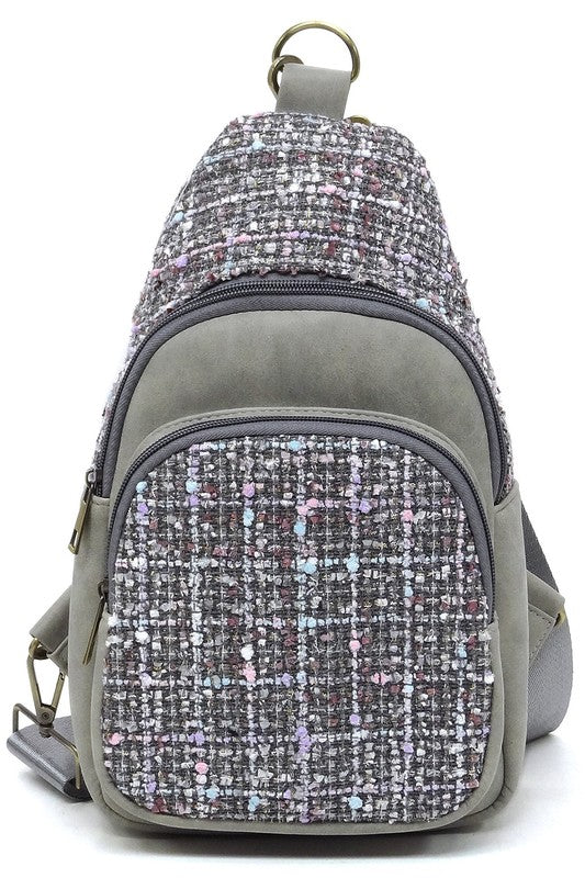 Grey Tweed Sling Bag Backpack Front view