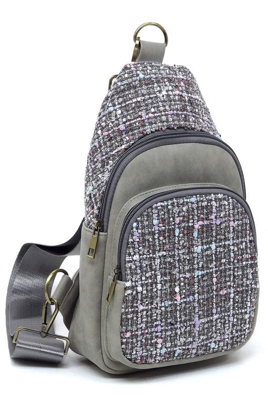 Grey Tweed Sling Bag Backpack Side view