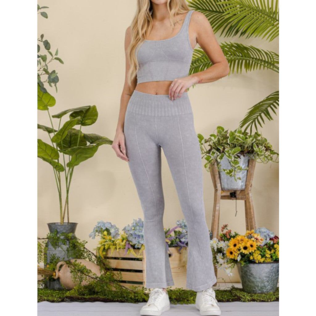 Grey Women's Stone Washed Ribbed Matching Yoga Set Front view