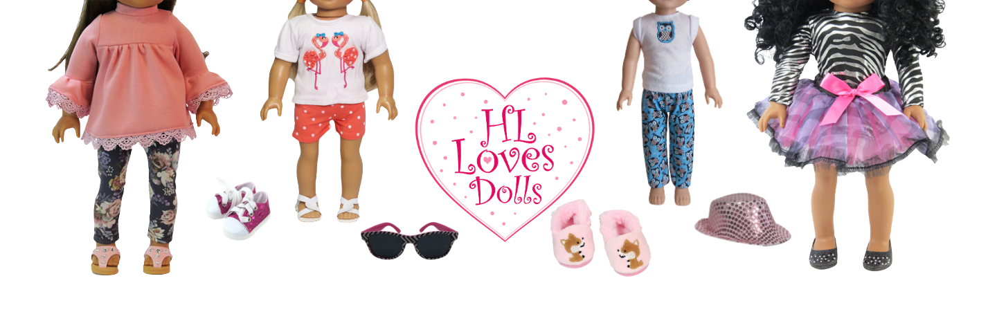 Four doll outfits displayed on doll mannequins with matching accessories, centered around a pink heart logo that reads 'Hi! I Love's Dolls' on a white background.