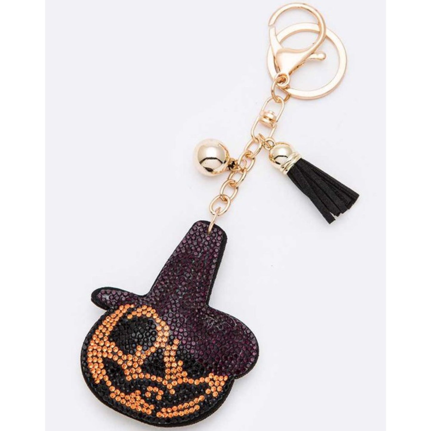 Halloween-themed keychain with purple witch hat and black cat design on a white background