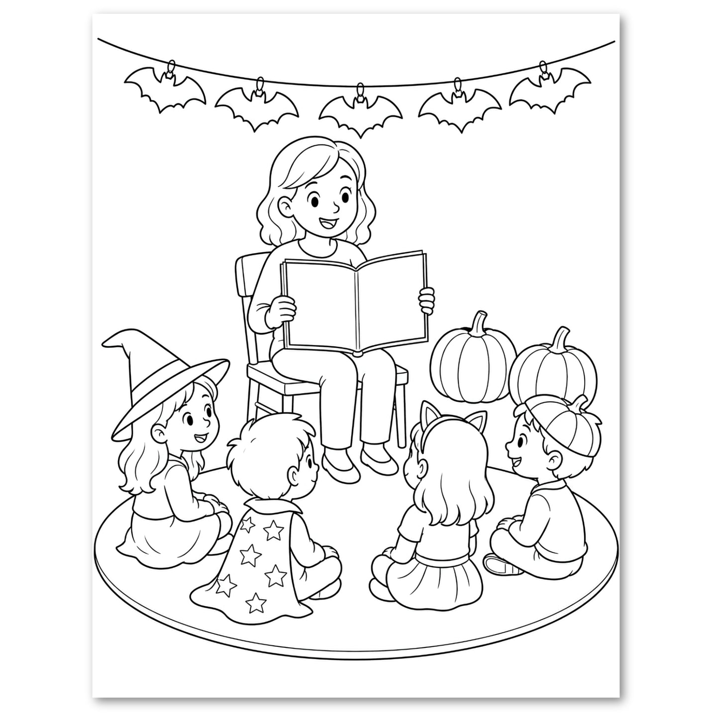Black and white illustration of a woman reading a book to four children.