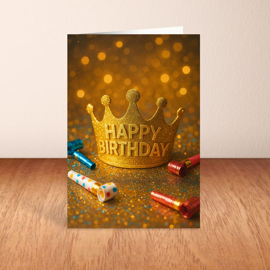 Birthday card with gold crown and 'Happy Birthday' text on a festive background