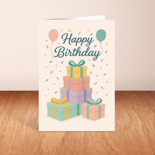 Birthday card with colorful gift boxes and balloons on a wooden surface.