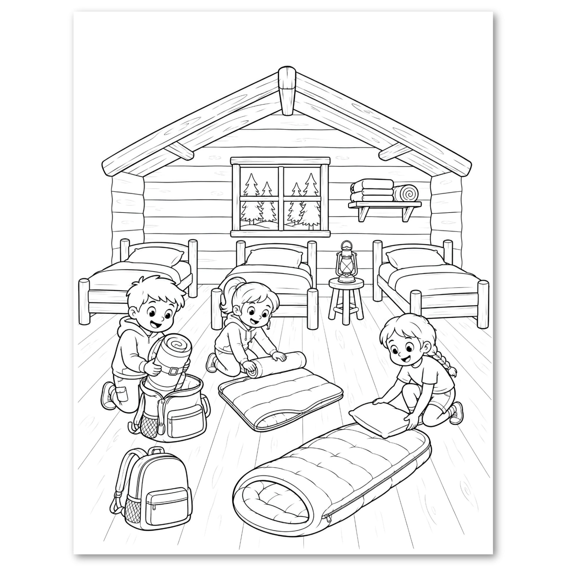 Black and white line art illustration of a cozy log cabin interior with three children packing camping gear, including sleeping bags, backpacks, and blankets, in front of a cabin with two beds.