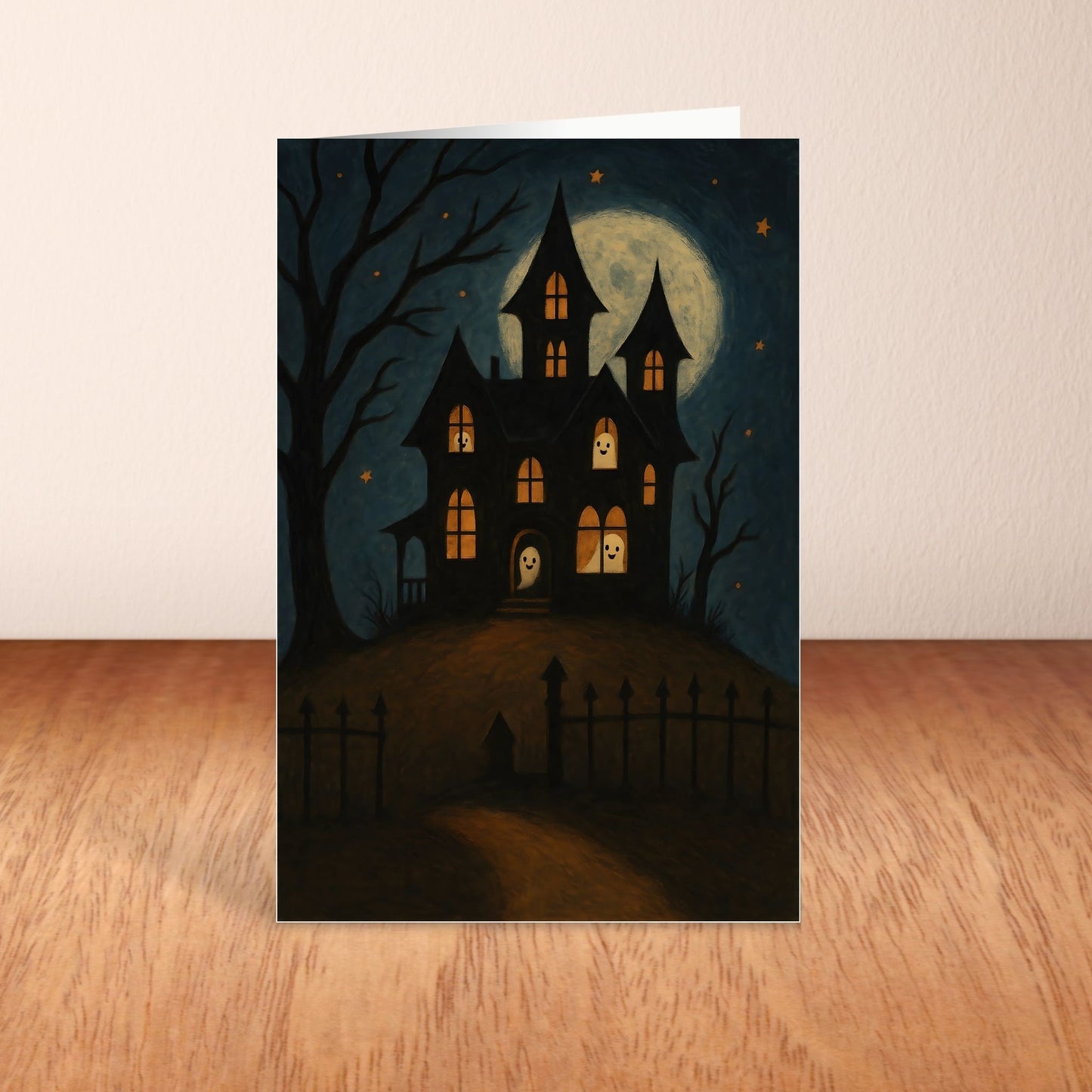 Blank Inside 5.5 x 8.5 Halloween Card – Haunted House & Friendly Ghosts Under the Full Moon - Digital Download