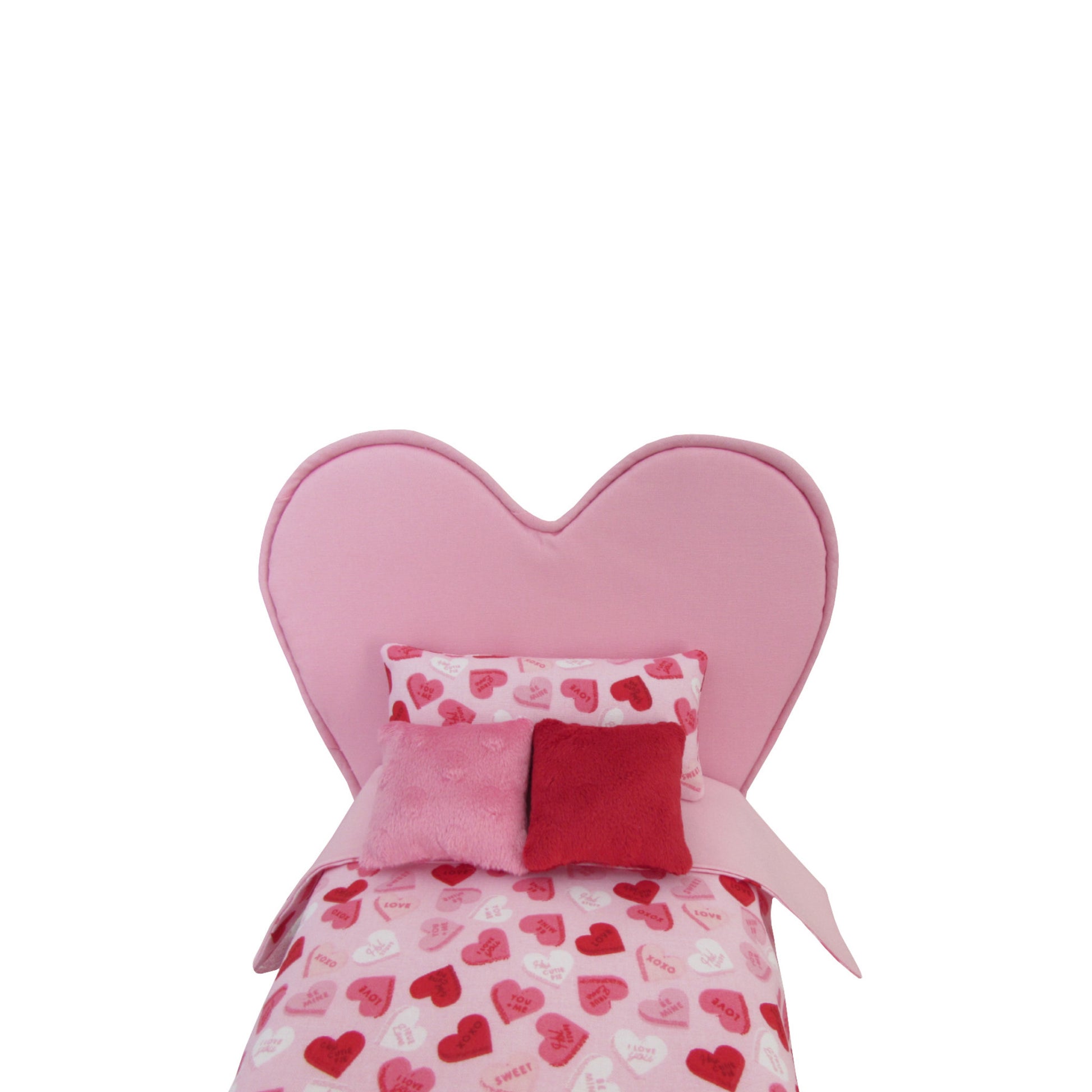 Hearts Doll Bedding for 11 1/2-inch and 12-inch dolls Front view Up Close