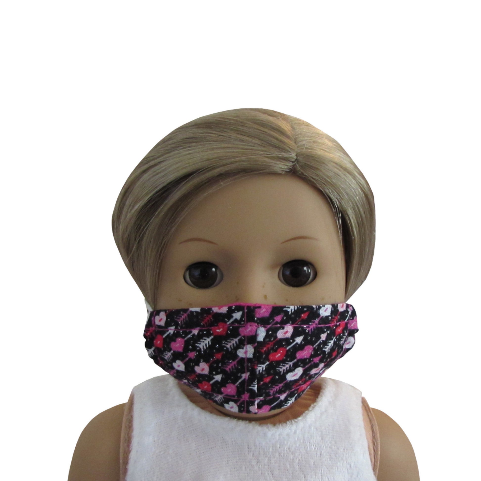 Hearts with Arrows on Black Print Doll Face Mask for 18-inch dolls with American Girl doll Front