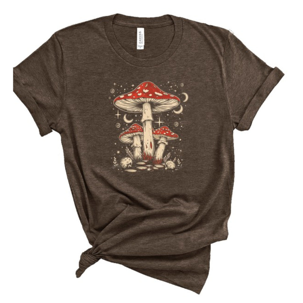 Heather Brown Boho Retro Mushrooms Graphic Tee