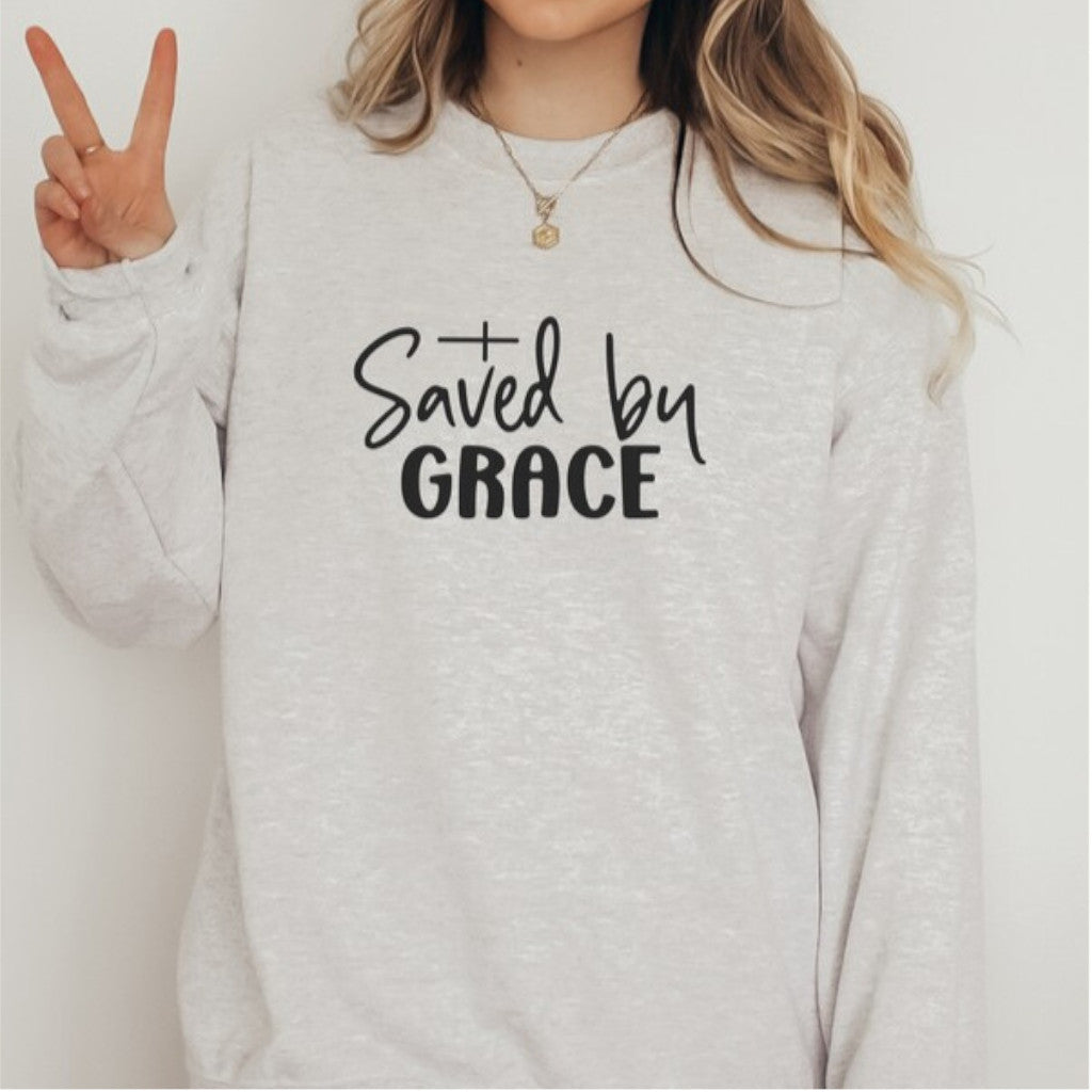 Heather Oatmeal Saved by Grace Graphic Sweatshirt