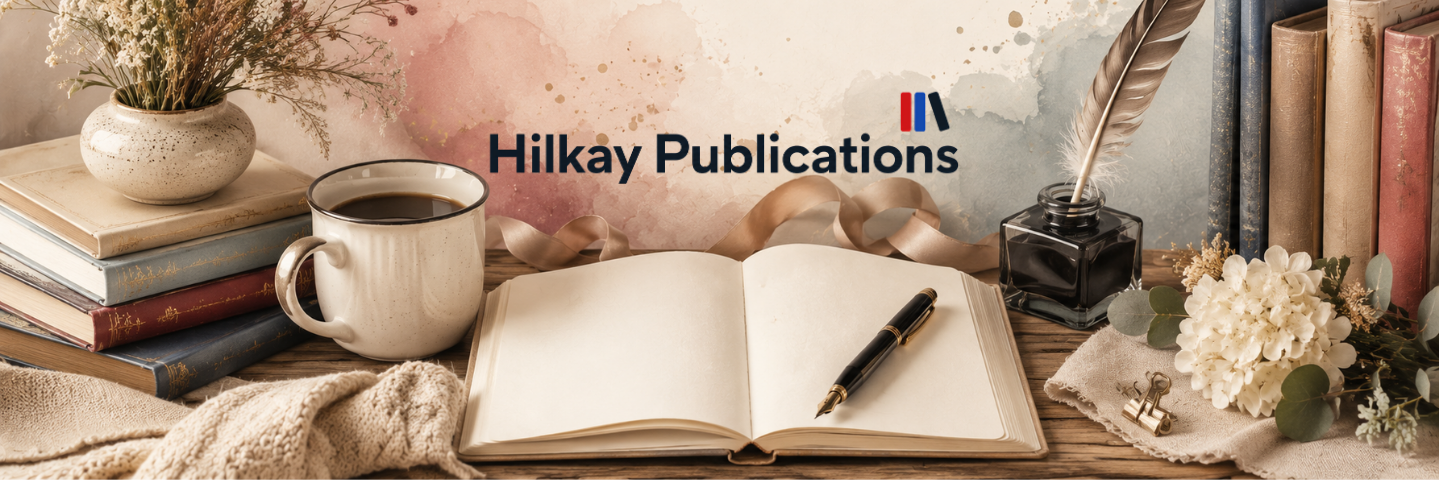 A styled desk scene with an open notebook, black pen, mug of coffee, books, flowers, and a feather quill, with the text 'Hilkay Publications' centered above.
