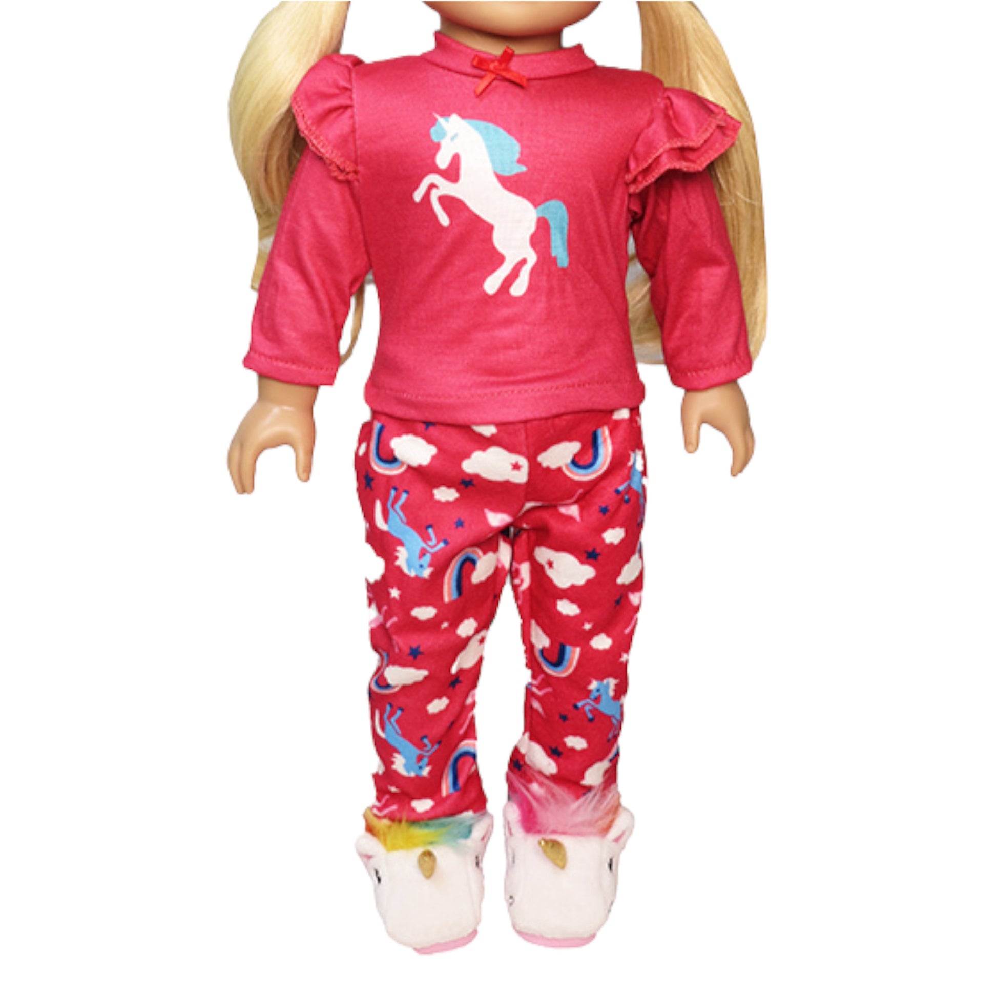 Hot Pink Unicorn Pajamas for 18-inch dolls with doll Front view