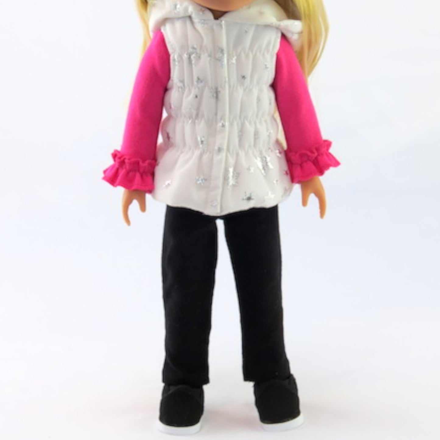 Hot Pink, Black, and White Puffer Vest Pant Set for 14 1/2-inch dolls with doll