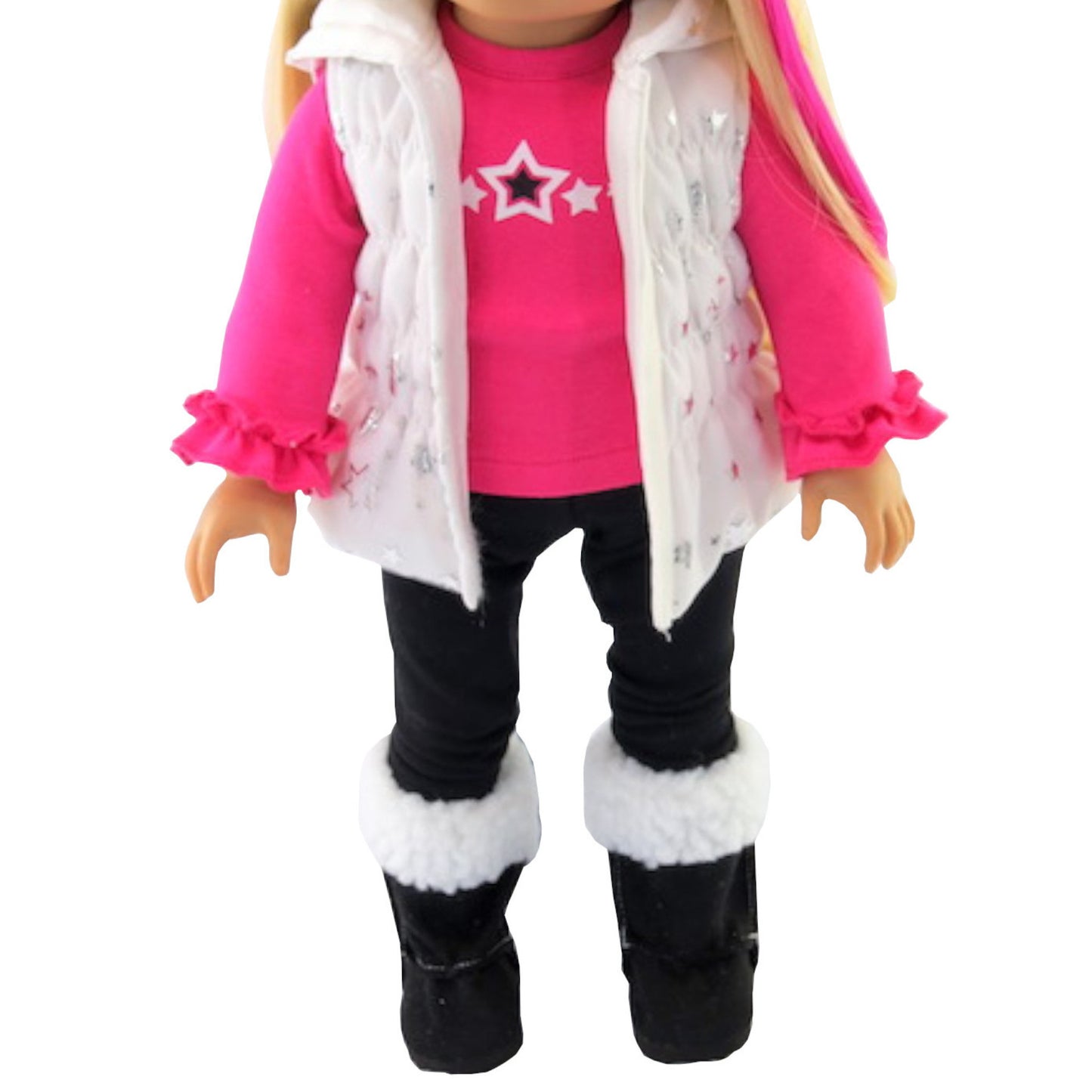Hot Pink, Black, and White Puffer Vest Pant Set for 18-inch dolls with doll