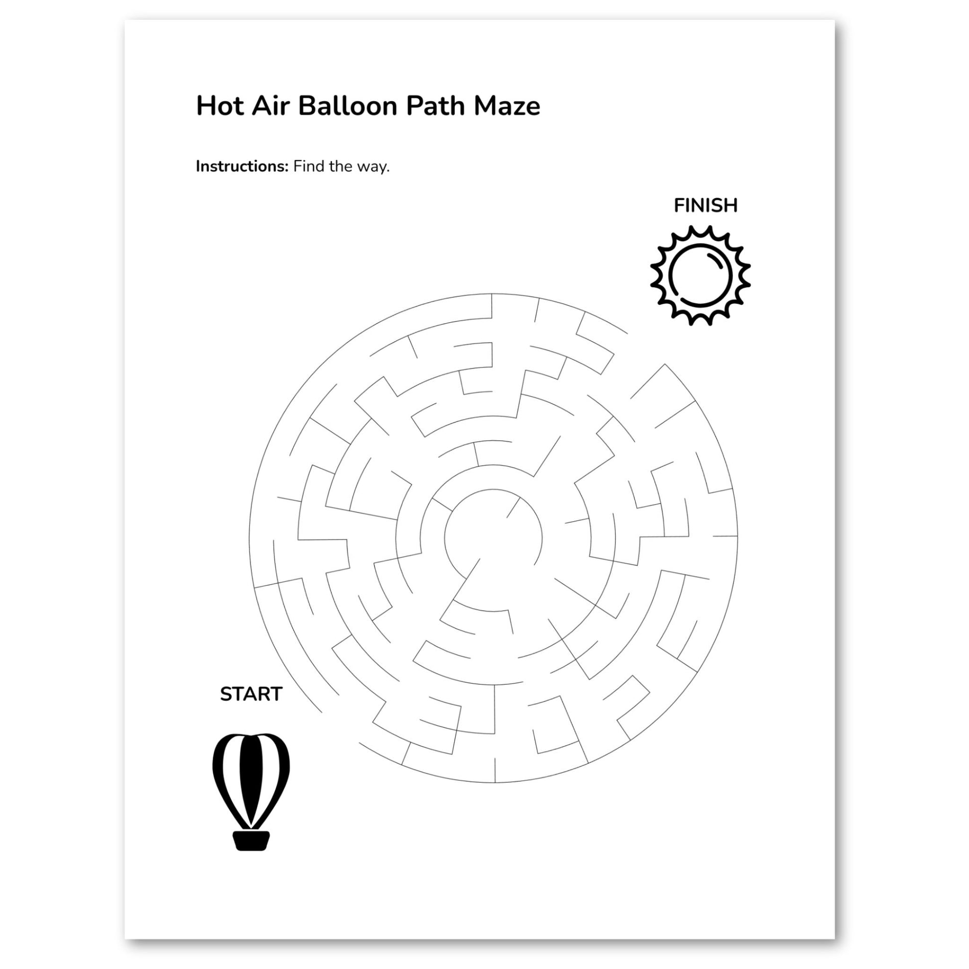 Hot air balloon path maze with start and finish markers on a white background