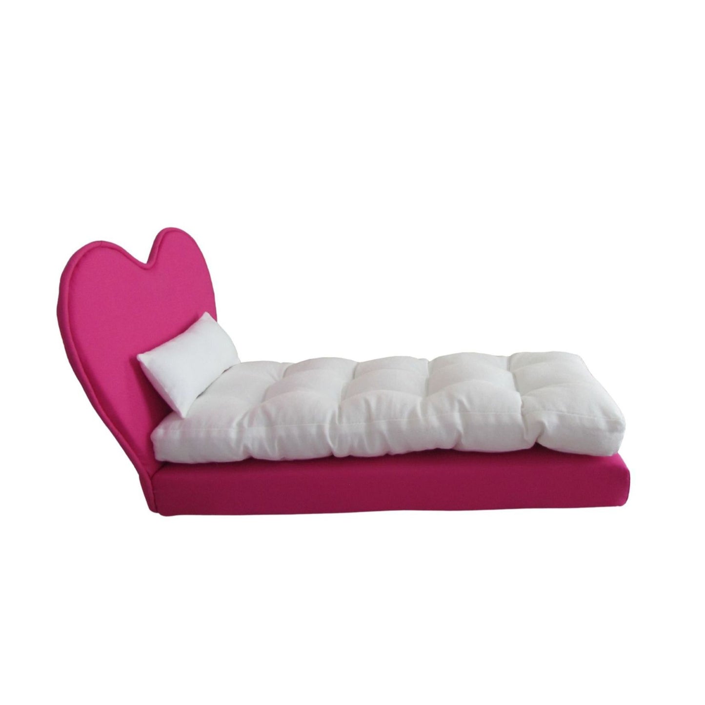 Hot pink heart-shaped bed with white mattress on a white background