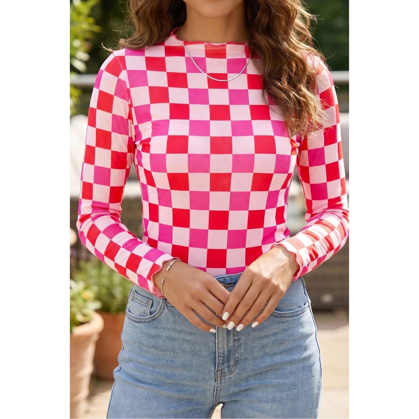 Plaid Heart Mesh Sheer Long Sleeve High Neck Top