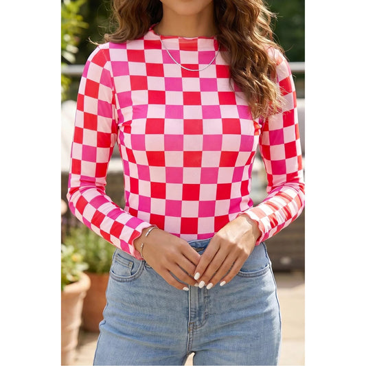 Plaid Heart Mesh Sheer Long Sleeve High Neck Top