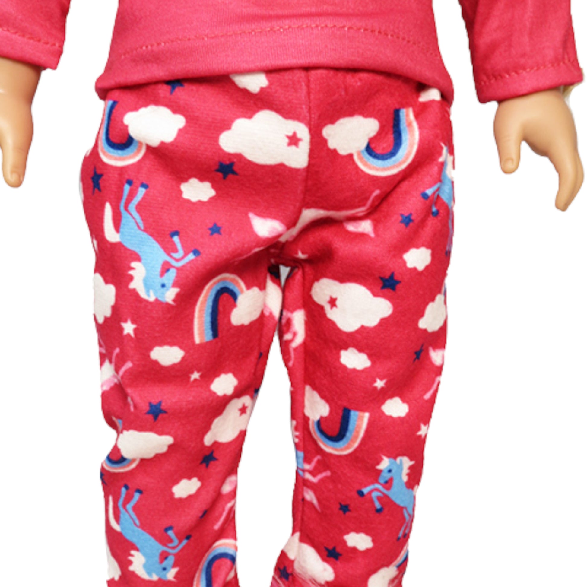 Hot Pink Unicorn Pajamas for 18-inch dolls with doll Pants Up Close