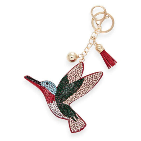 Keychain with a hummingbird design and tassel on a white background