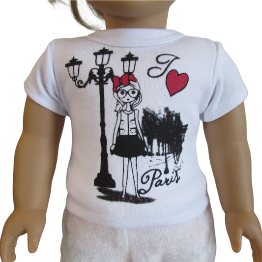 I Heart Paris T-Shirt for 18-inch dolls with doll Front view