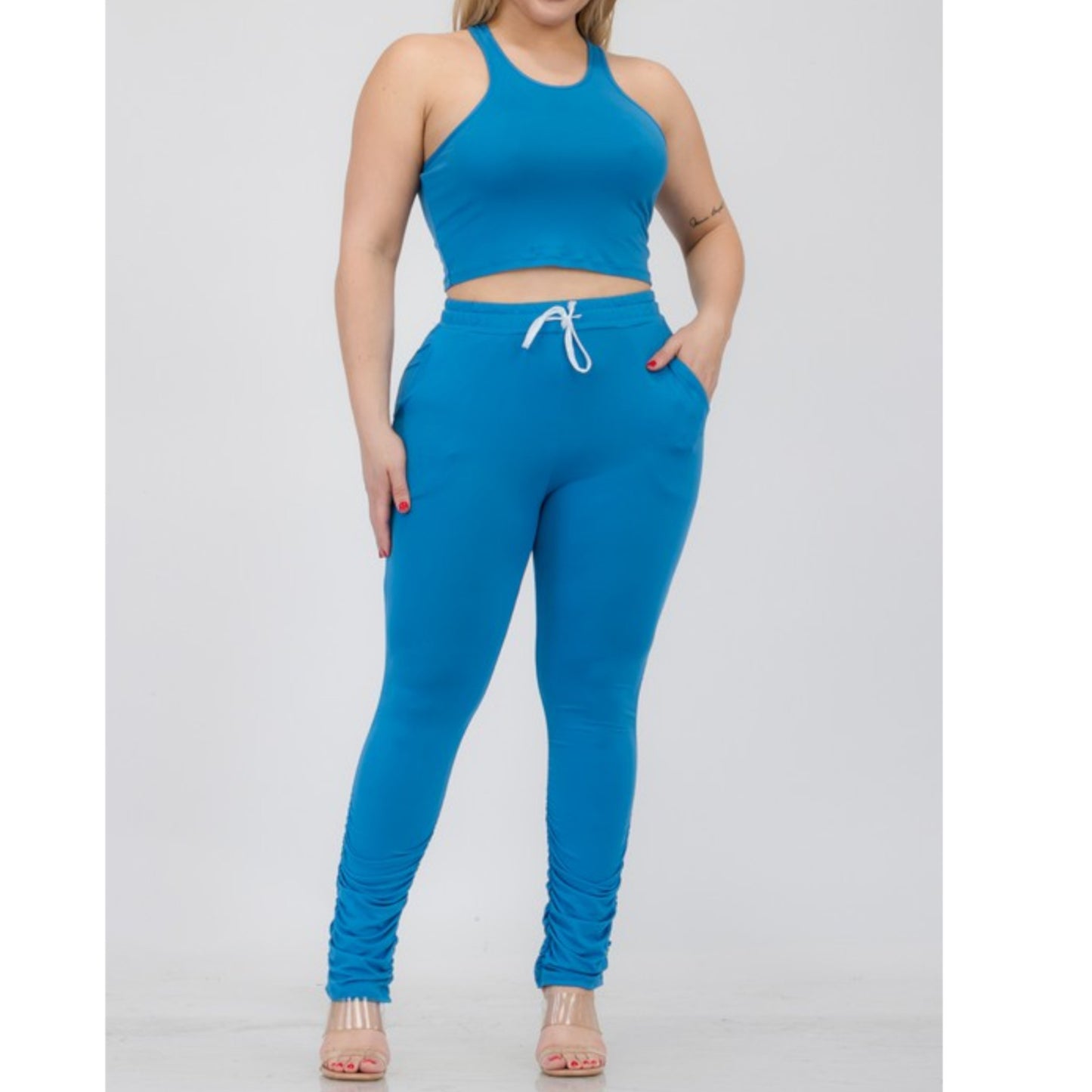 Ibiza Blue Plus Size Crop Tank Top & Ruched Pants Set Front view