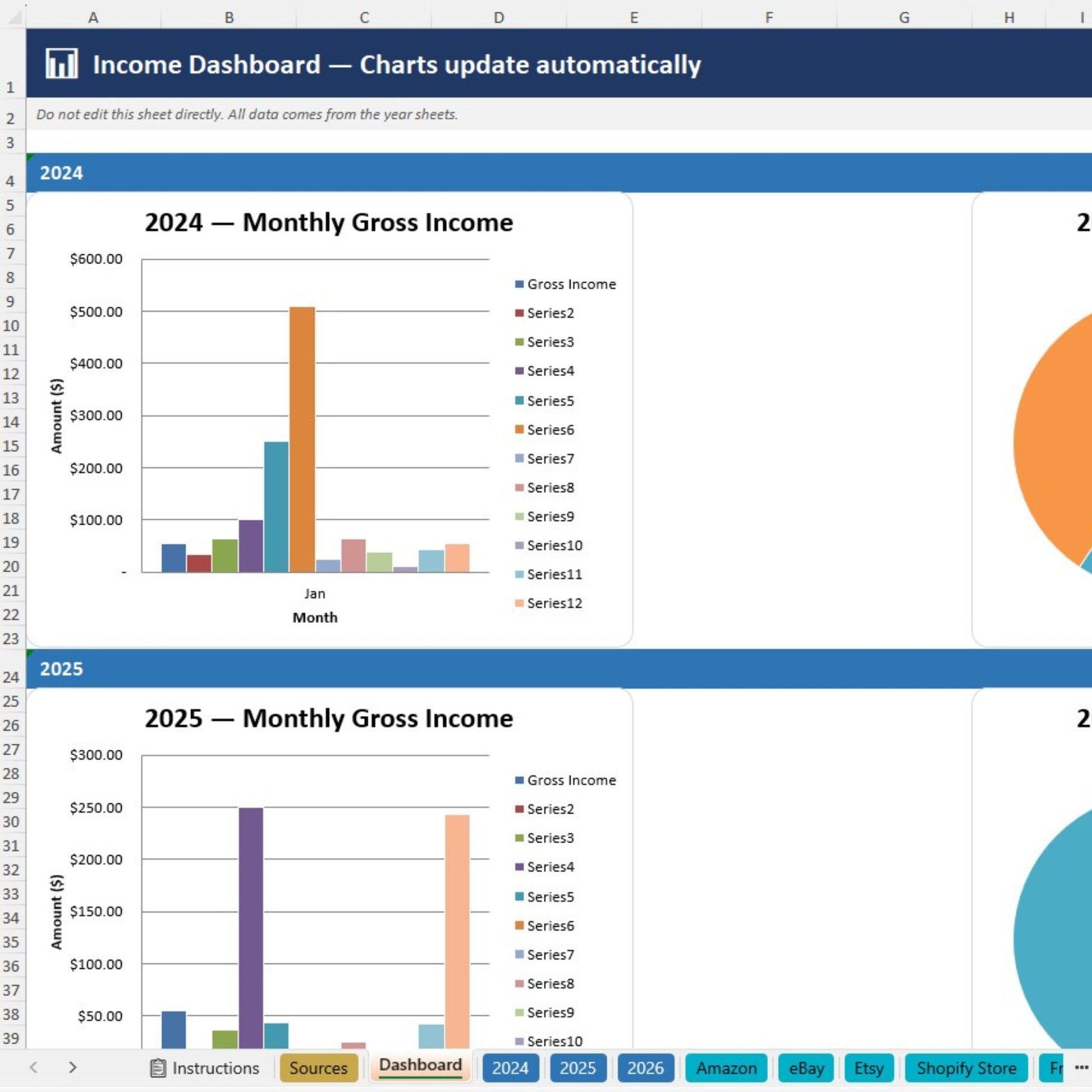 Income Dashboard with charts showing monthly gross income for 2024 and 2025.