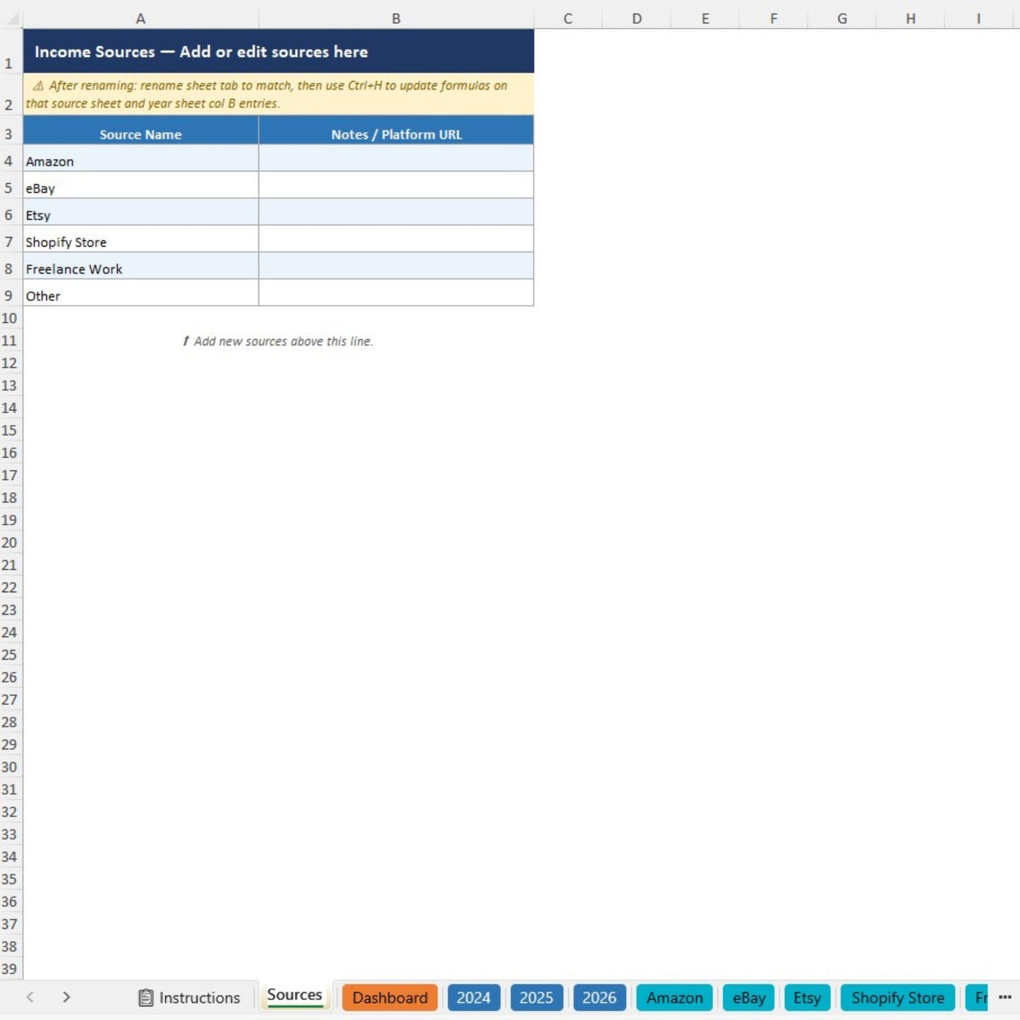Spreadsheet titled 'Income Sources - Add or edit sources here' with a list of platforms like Amazon, eBay, and Shopify Store.