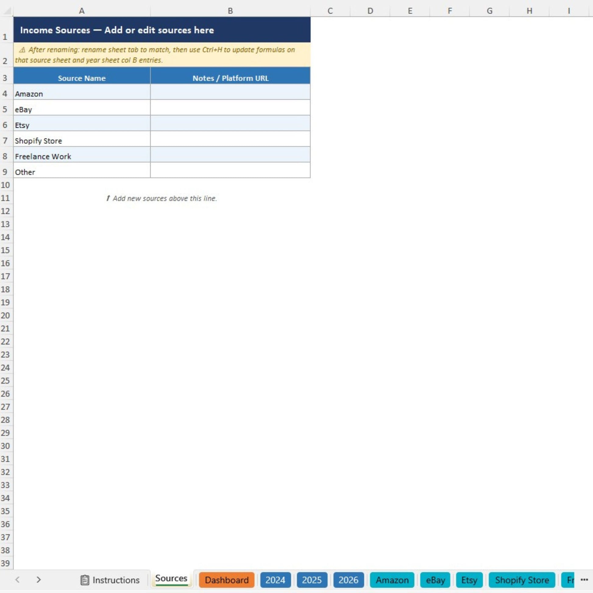 Spreadsheet titled 'Income Sources - Add or edit sources here' with a list of platforms like Amazon, eBay, and Shopify Store.