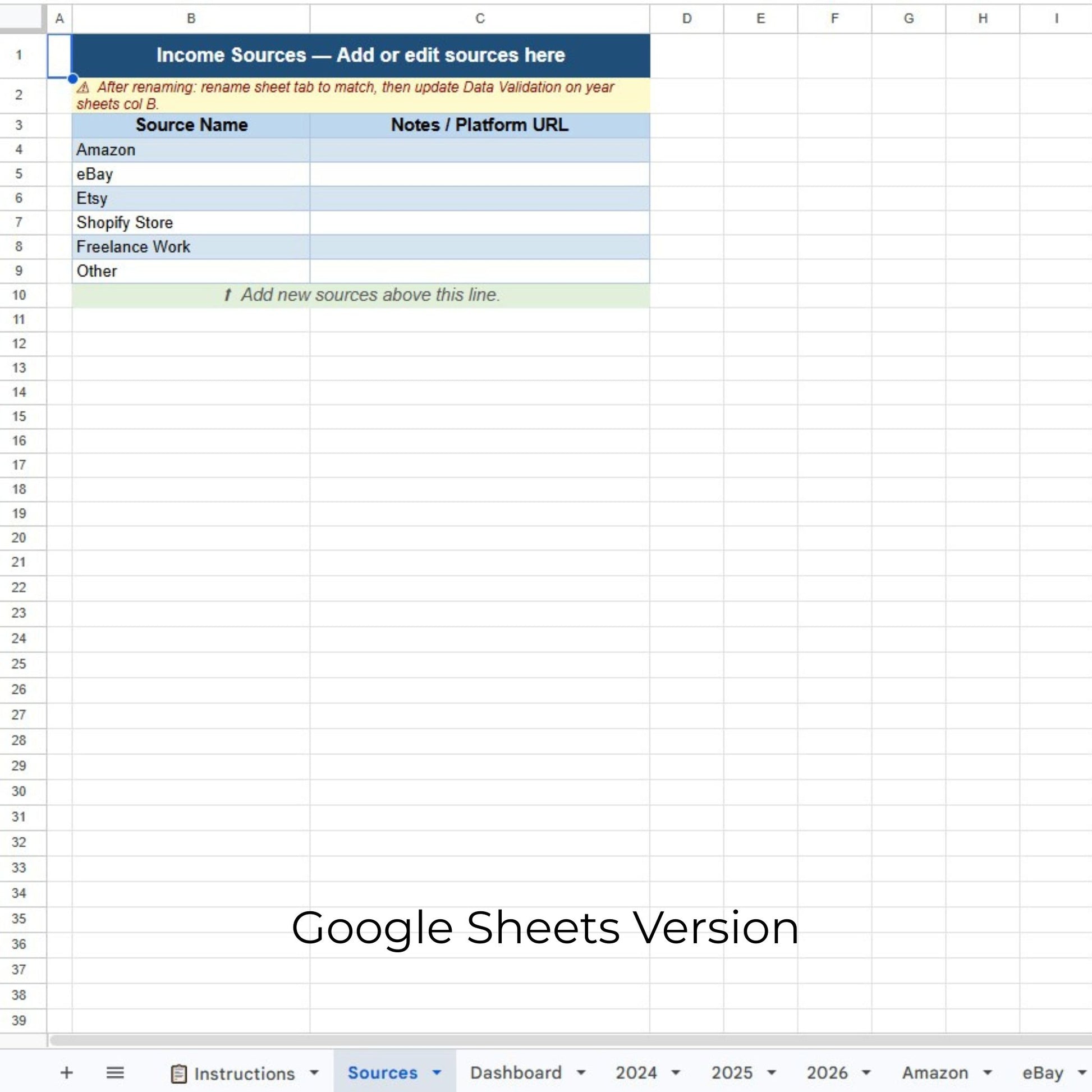 Google Sheets document titled 'Income Sources' with a list of income sources and notes.