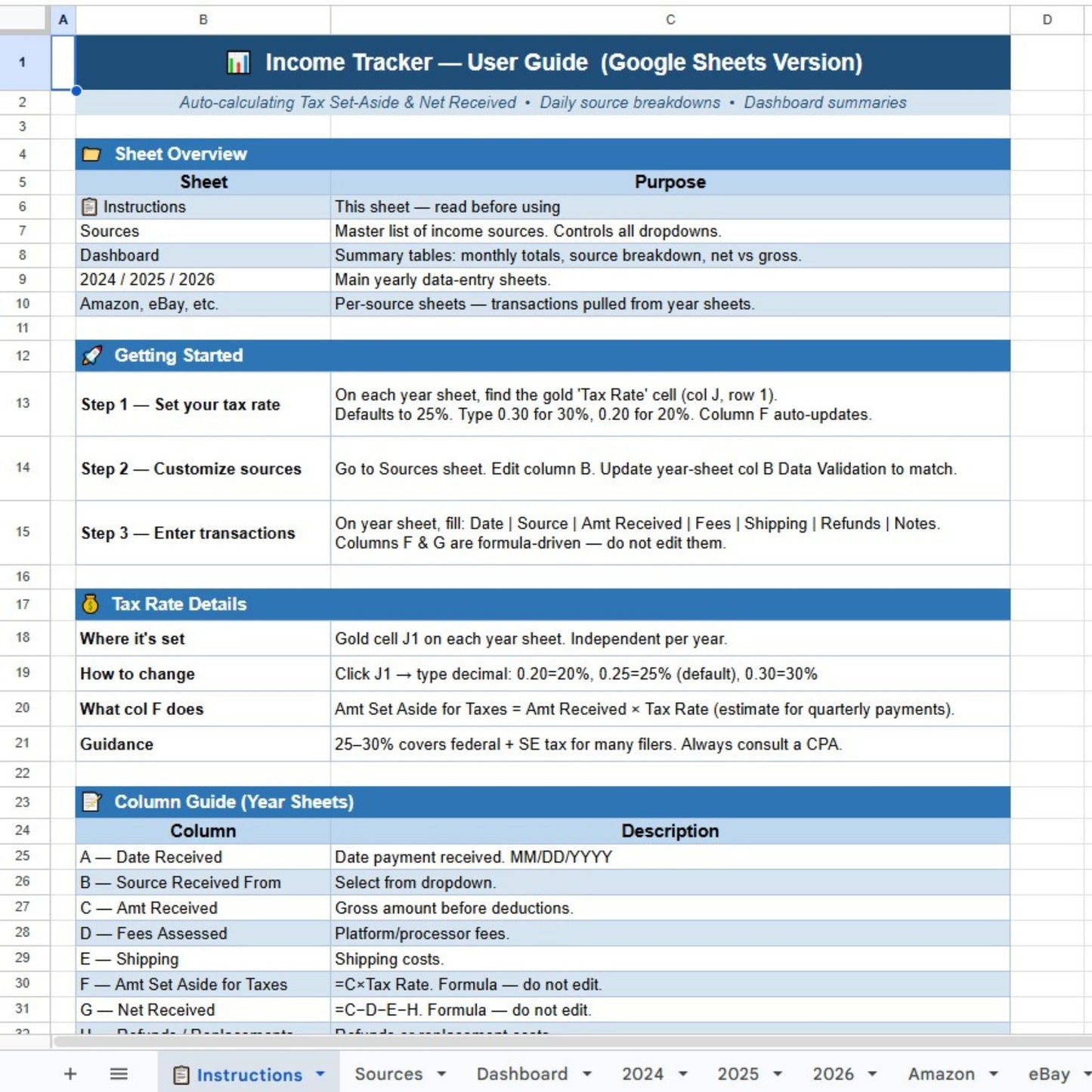 Google Sheets Income Tracker User Guide with various tabs and sections.