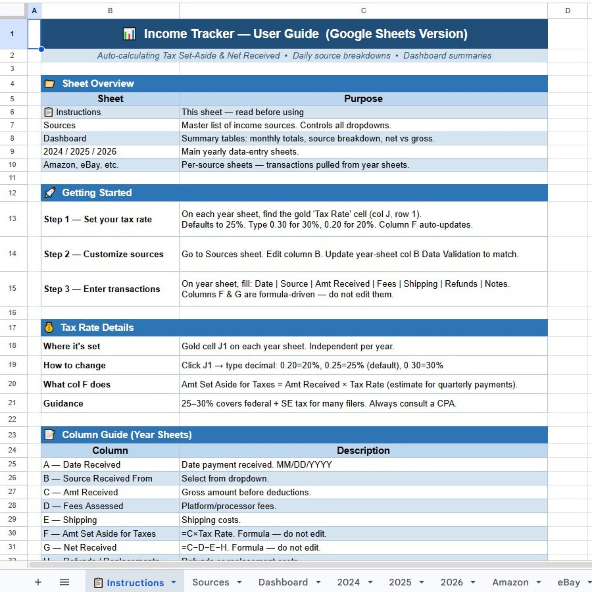 Google Sheets Income Tracker User Guide with various tabs and sections.