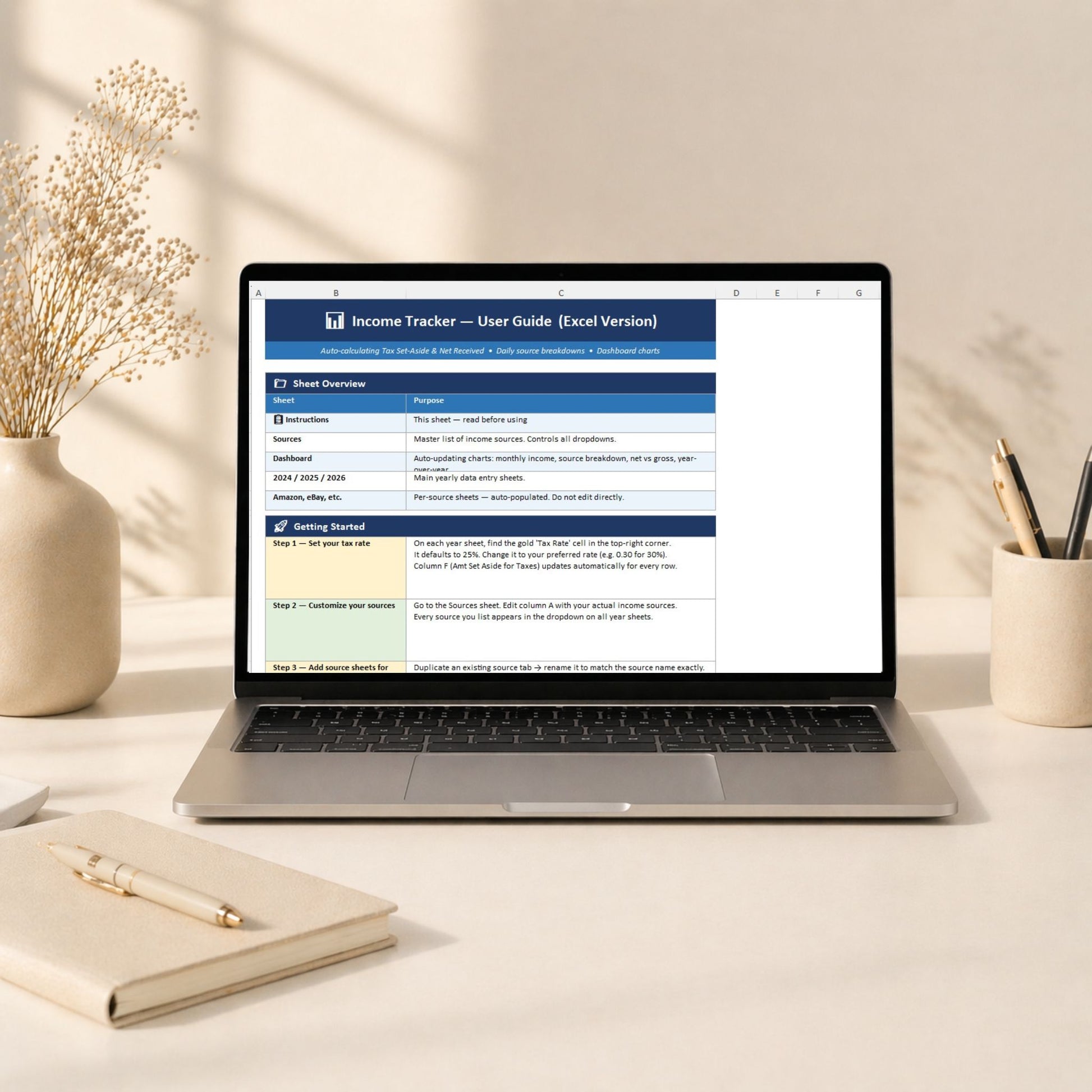 Laptop displaying an Excel workbook on a desk with a notebook and pen.
