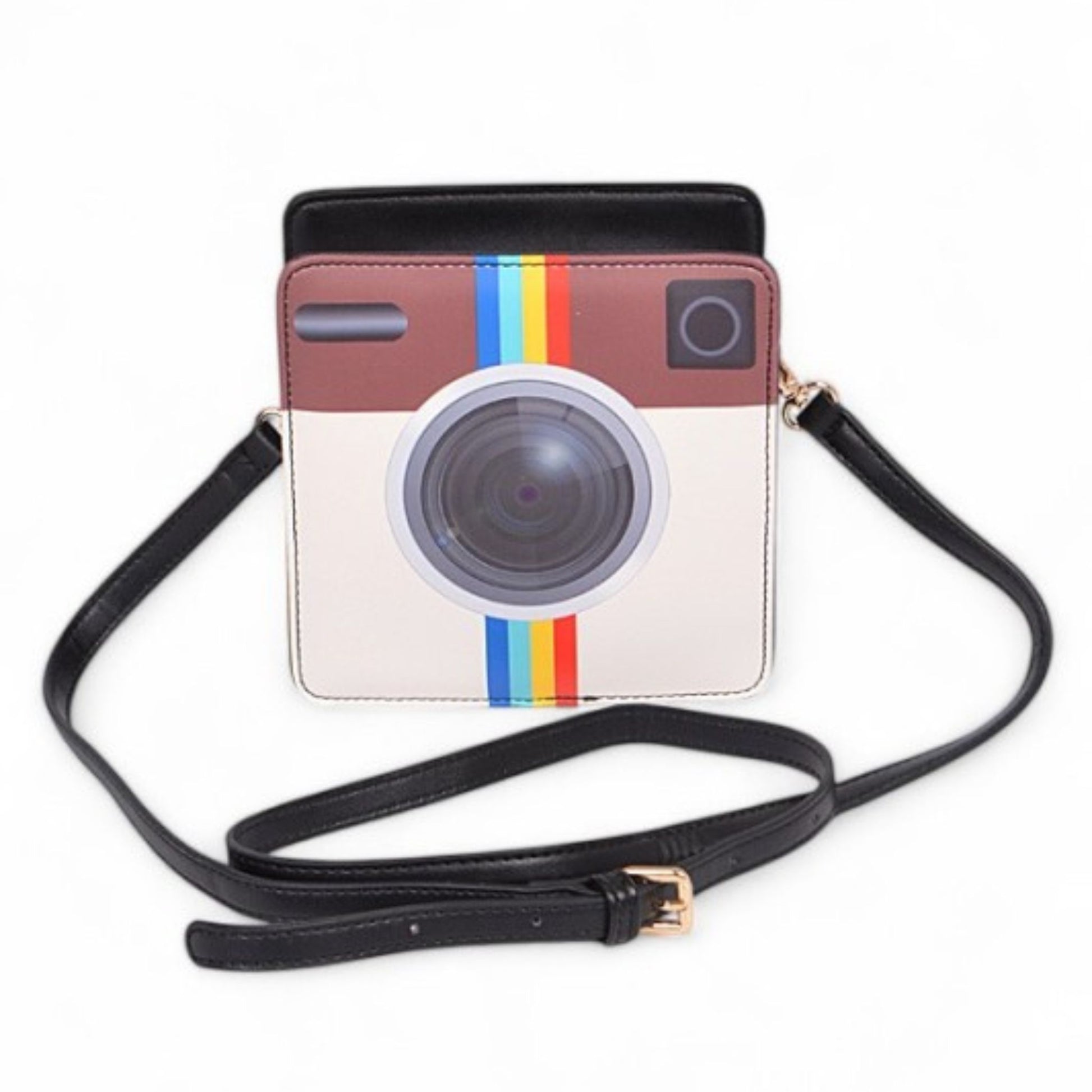Camera-shaped pouch with a black strap on a white background