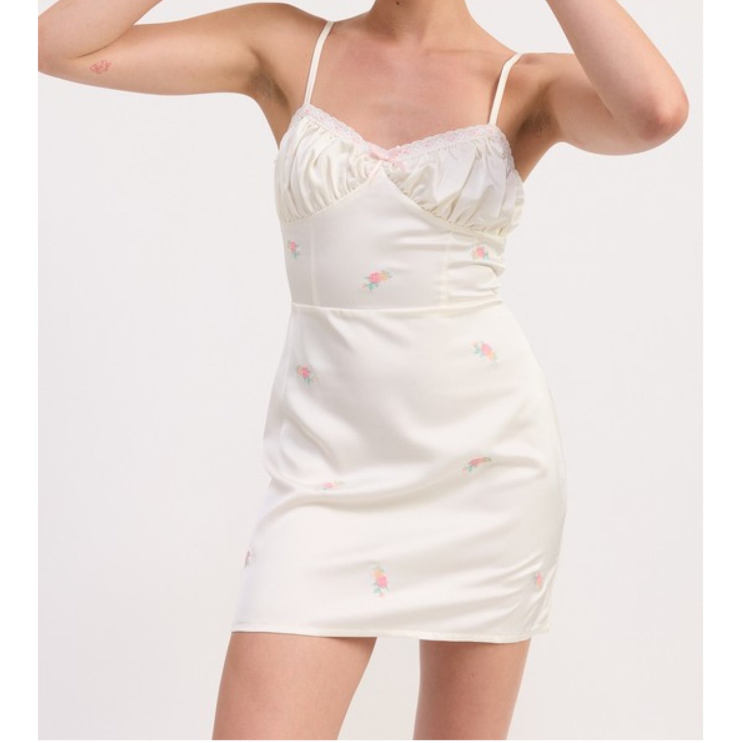 Ivory Mini Satin Embroidery Dress on Model Front view Arms up