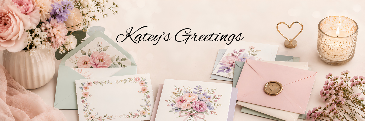 A styled flat-lay of floral greeting cards, pastel envelopes, a pink wax-seal envelope, dried flowers, a candle, and a vase on a light pink surface, with the text 'Katey's Greetings' across the top.
