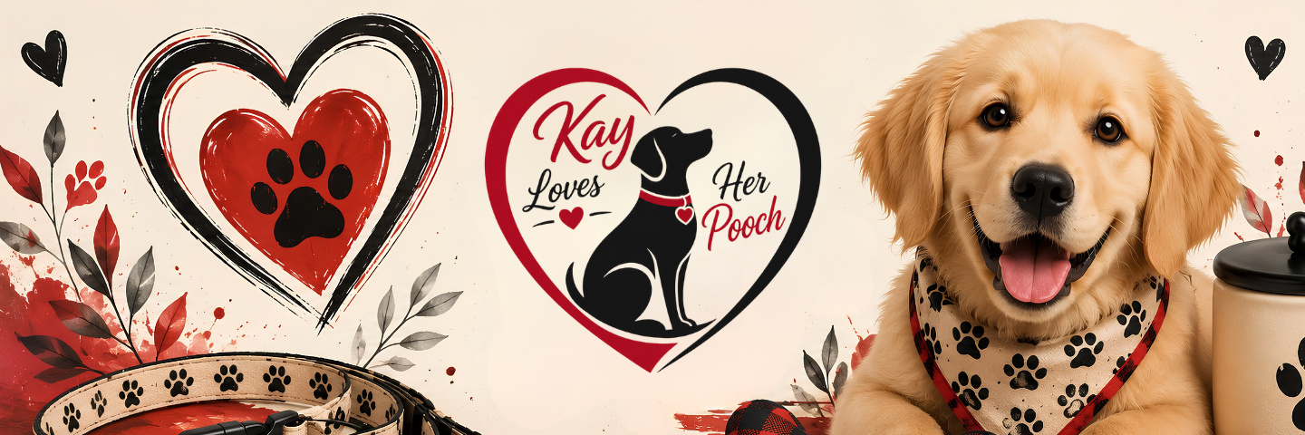 A golden retriever dog wearing a black and white paw-print bandana, smiling next to a coffee cup, with decorative heart graphics and the text 'Kay Loves Her Pooch' in the center.
