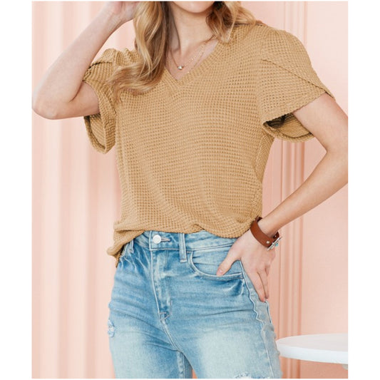 Khaki Beige Waffle Tulip Petal Sleeve Waffle Knit Shirt Front view