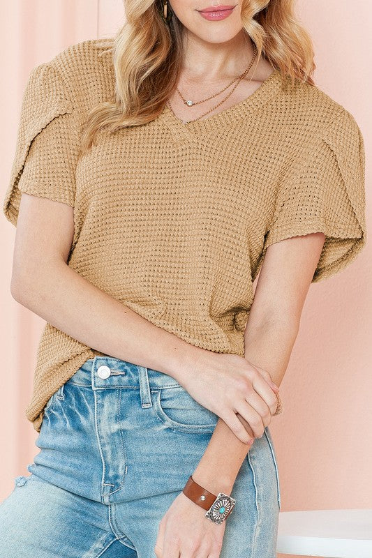 Khaki Beige Waffle Tulip Petal Sleeve Waffle Knit Shirt Front view hand on arm
