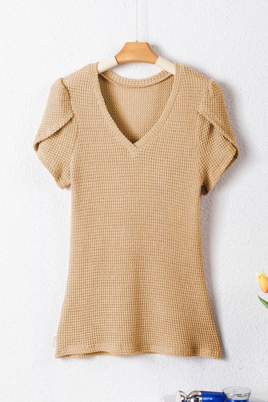 Khaki Beige Waffle Tulip Petal Sleeve Waffle Knit Shirt on hanger
