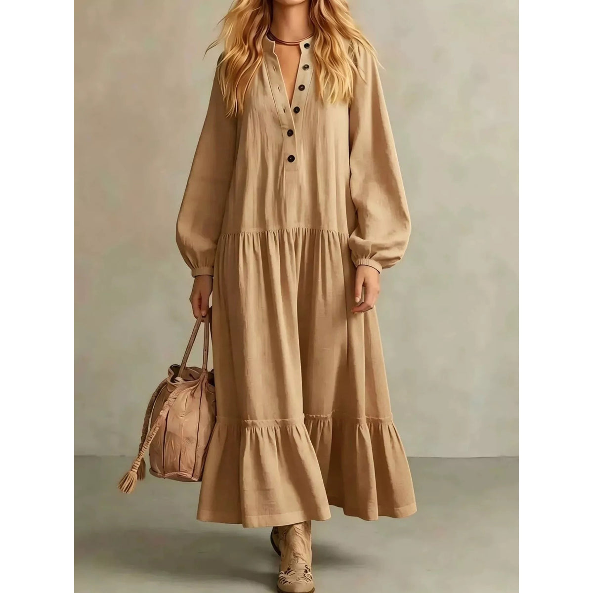 Button Front Tiered Maxi Dress