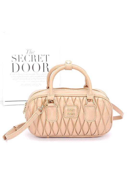 Khaki Faux Leather Quilted Top Handle Swing Bag Front view