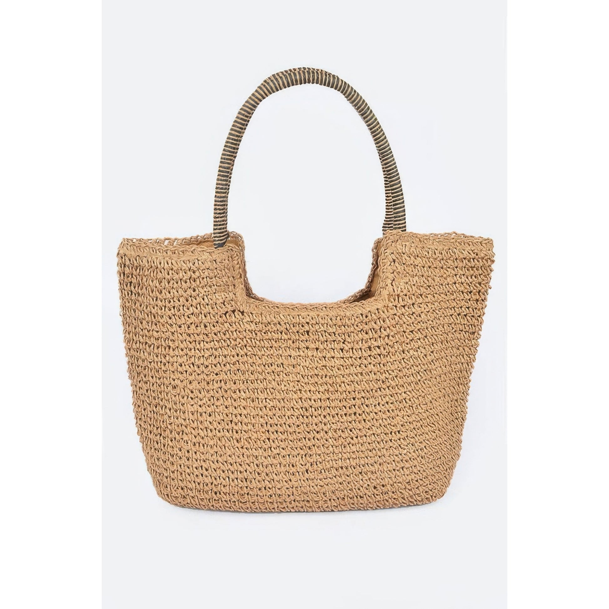 A natural woven straw tote bag with a wide top opening and two curved shoulder straps, shown against a plain light gray background.