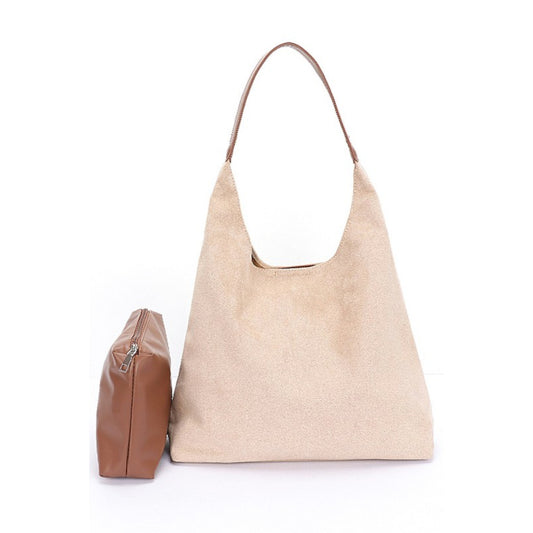 Khaki  Faux Suede Oversized 2 in 1 Shoulder Bag Front view